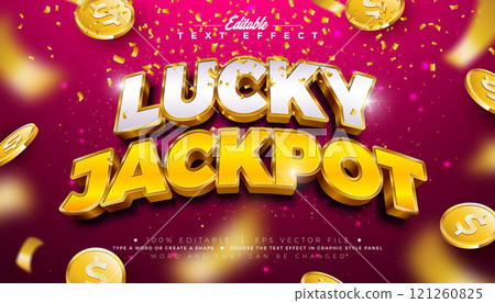 Lucky Jackpot 3D Text Effect Design Editable and Scalable Vector Graphic Style Effect with Shadow and Gold White Typography Lettering, Casino Coin and Falling Confetti on Red Background. Premium Lucky Jackpot 3D Text Effect Design Editable and Scalable Vector Graphic Style Effect with Shadow and Gold White Typography Lettering, Casino Coin and Falling Confetti on Red Background. Premium 121260825