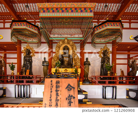 Buddhist statues in Yakushi-ji, one of the most famous ancient Buddhist temples in Japan, built in 680 AD in Nara, Japan Buddhist statues in Yakushi-ji, one of the most famous ancient Buddhist temples in Japan, built in 680 AD in Nara, Japan 121260908