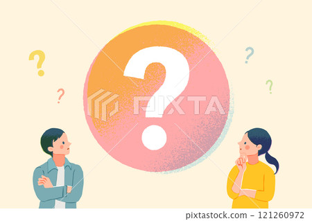 Illustration of a man and woman with a big question mark and doubts Illustration of a man and woman with a big question mark and doubts 121260972