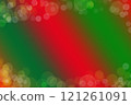 Abstract blurred background for Christmas cards with typical red-green changing stripes in diagonal direction with a slight gradient in shades. Frame of yellow round dots of light, bokeh effect 121261091