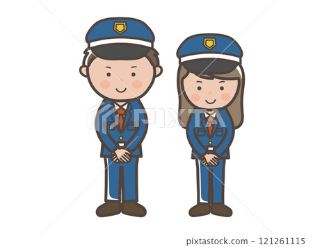 Full-body illustration of male and female security guards greeting in customer service pose Full-body illustration of male and female security guards greeting in customer service pose 121261115