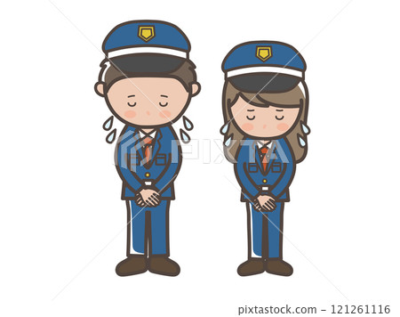 Full-body illustration of male and female security guards apologizing while sweating heavily 121261116