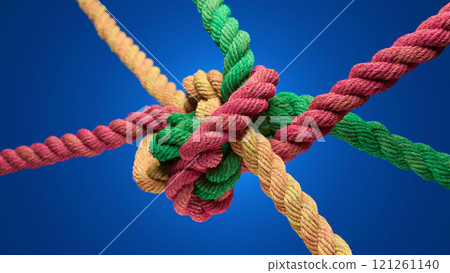 Vibrant Knot: A Colorful Fusion of Ropes Against a Blue Backdrop Vibrant Knot: A Colorful Fusion of Ropes Against a Blue Backdrop 121261140