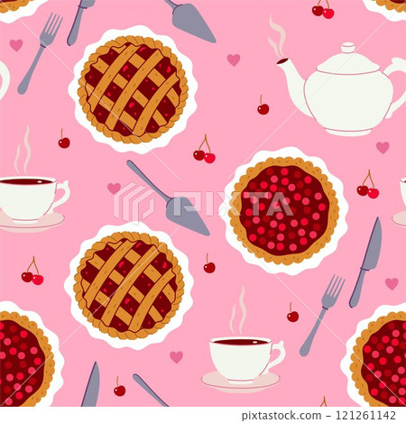 Seamless pattern with cherry pies, mugs, teapots, cutlery. Vector graphics 121261142