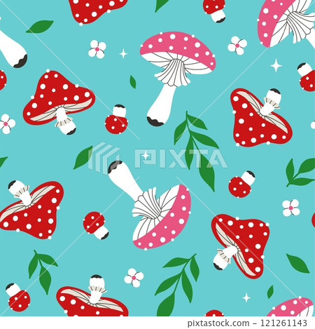 Seamless pattern with fly agarics and leaves on a blue background. Vector graphics 121261143
