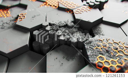Futuristic Hexagonal Surface with Orange Accents 121261153