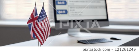 Website header shot of miniature national flags of Great Britain and USA standing on desk at English language school, copy space Website header shot of miniature national flags of Great Britain and USA standing on desk at English language school, copy space 121261249