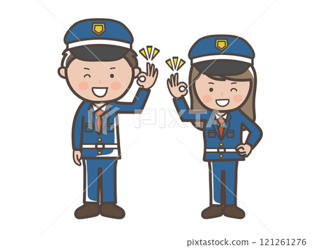 Full-body illustration of male and female security guards giving OK signs of understanding 121261276