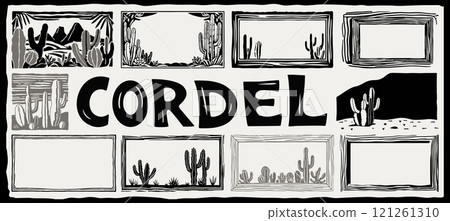 Vector collection of various frames with cacti in brazilian cordel woodcut style Vector collection of various frames with cacti in brazilian cordel woodcut style 121261310
