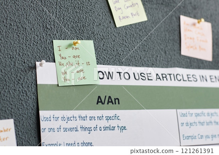 Close up on green post it note with English grammar rule written explaining conjugation of verb be in present tense while pinned on wall in classroom of language course, copy space Close up on green post it note with English grammar rule written explaining conjugation of verb be in present tense while pinned on wall in classroom of language course, copy space 121261391