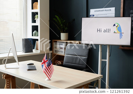 Teachers working desk equipped with computer and digital display in modern classroom of English language school, copy space 121261392