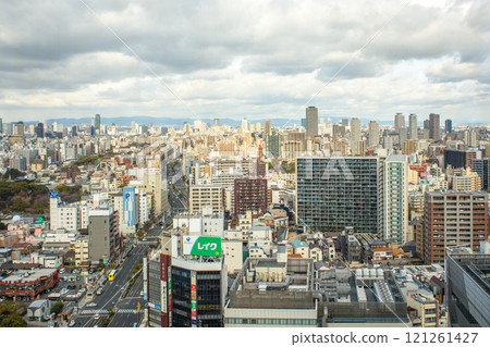 Downtown cityscape of Osaka, aerial view from Abeno Harukas skyscraper in Osaka, Japan 121261427