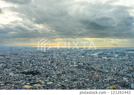 Downtown cityscape of Osaka, aerial view from Abeno Harukas skyscraper in Osaka, Japan 121261442