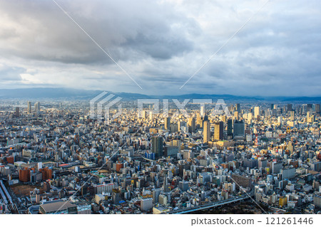Downtown cityscape of Osaka, aerial view from Abeno Harukas skyscraper in Osaka, Japan Downtown cityscape of Osaka, aerial view from Abeno Harukas skyscraper in Osaka, Japan 121261446