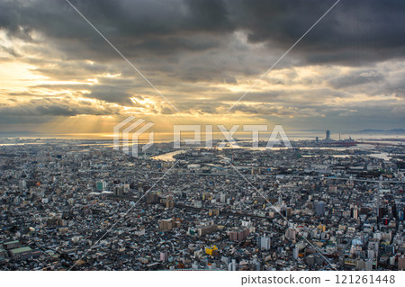 Downtown cityscape of Osaka, aerial view from Abeno Harukas skyscraper in Osaka, Japan Downtown cityscape of Osaka, aerial view from Abeno Harukas skyscraper in Osaka, Japan 121261448