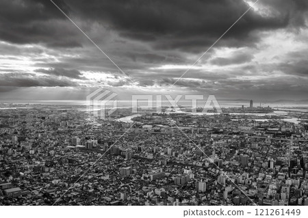 Downtown cityscape of Osaka, aerial view from Abeno Harukas skyscraper in Osaka, Japan 121261449