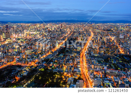 Downtown cityscape of Osaka, aerial view from Abeno Harukas skyscraper in Osaka, Japan 121261450