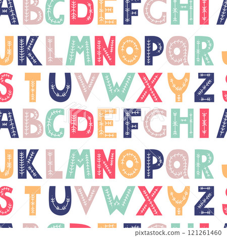 Seamless pattern alphabet. Decorative multi-colored bright letters with folk pattern on white background. Vector illustration. Hand drawing lettering ornament backdrop. Seamless pattern alphabet. Decorative multi-colored bright letters with folk pattern on white background. Vector illustration. Hand drawing lettering ornament backdrop. 121261460