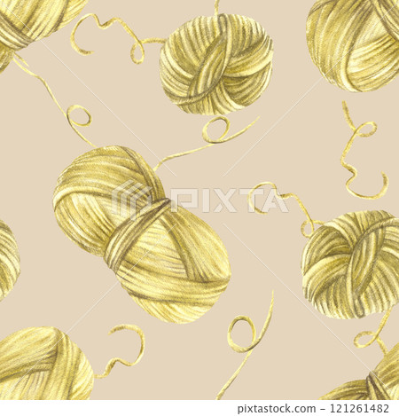 Skein of knitting thread seamless pattern Green yellow colour ball of yarn clipart Watercolor hand drawn illustration in realistic cozy style. Handmade fabric design isolated beige coloured background 121261482