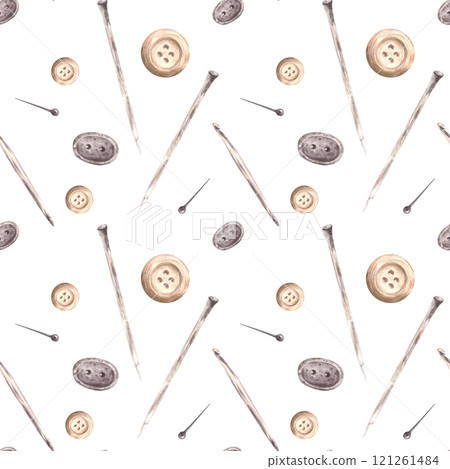 Watercolor buttons, knitting needles, hooks, sewing pins seamless pattern. Needlework, handicrafts and sewing set beige, grey coloured for fabric Hand drawn illustration isolated white background 121261484