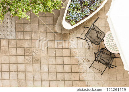 Empty restaurant garden. Empty restaurant garden. 121261559