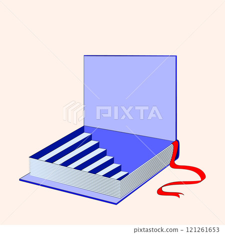 Vector illustration. Open book reveals staircase, , inviting reader to climb towards new ideas and understanding, symbolizing knowledge as journey with endless possibilities. 121261653