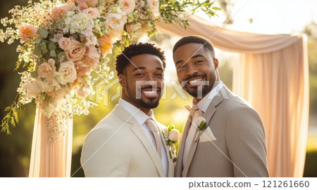 Portrait of two grooms smiling under floral arch celebrate love and equality, symbolizing LGBTQ inclusion and human rights in joyful wedding ceremony. 121261660