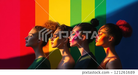 Portrait of four women against vibrant rainbow backdrop, celebrating diversity, individuality, and unity, symbolizing LGBTQA strength and fight for equality. 121261689