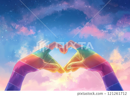 Hands painted with rainbow colors form heart shape against sky, symbolizing love, hope, and inclusivity for LGBTQ equality and diversity. 121261712