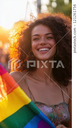 Smiling woman with curly hair holds rainbow flag at sunset, symbolizing strength, joy, and freedom of being true to oneself in LGBTQ community. 121261756