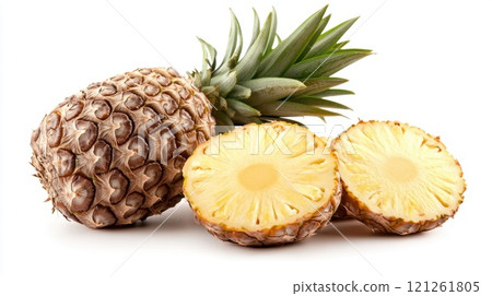 Fresh whole pineapple with two juicy slices Fresh whole pineapple with two juicy slices 121261805