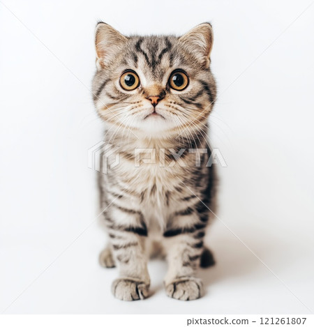 Adorable gray tabby kitten with big round eyes 121261807