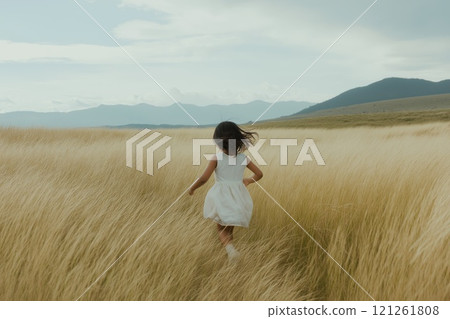 Latin girl in white dress running through field 121261808