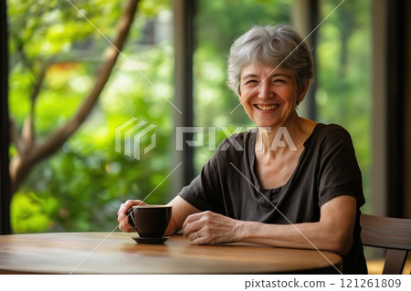 Smiling elderly woman sitting with cup of coffee 121261809