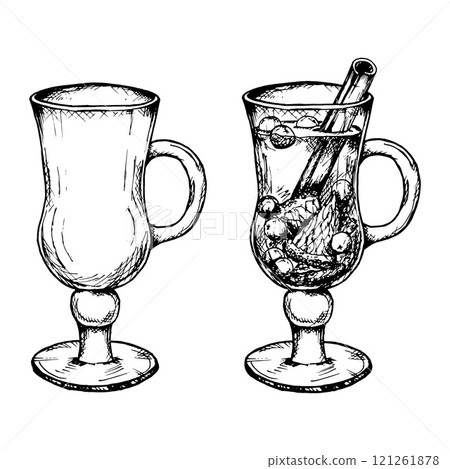 Vector hand drawn ink clipart of empty mug and hot winter drink in glass cup: punch, mulled wine, tea with citrus, cinnamon sticks, berries. Perfect for wrapping Christmas goods, New Year gifts, menu 121261878