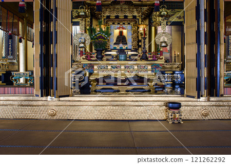Interior of Higashi Honganji temple of Jodo Shin Buddhism in central Kyoto, Japan 121262292