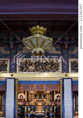 Richly decorated interior of Higashi Honganji temple of Jodo Shin Buddhism in central Kyoto, Japan Richly decorated interior of Higashi Honganji temple of Jodo Shin Buddhism in central Kyoto, Japan 121262307