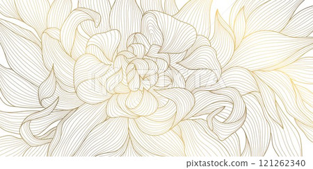 Vector art deco flower line pattern, abstract luxury floral leaf texture, plant ornament. Gold japanese nature illustration, elegant drawing. Vector art deco flower line pattern, abstract luxury floral leaf texture, plant ornament. Gold japanese nature illustration, elegant drawing. 121262340