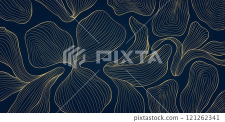 Vector art deco flower line pattern, abstract luxury floral leaf texture, plant ornament. Gold japanese nature illustration, elegant drawing. 121262341