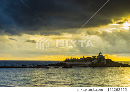 Agios Fokas Laconia Greece, sunrise at stormy weather 121262353