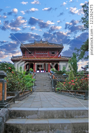 Historical gate with stairs and blooming garden in Hue Imperial City, Vietnam 121262475