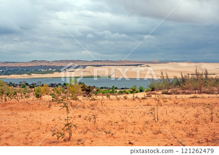 The dramatic Mui Ne sand dunes with sparse vegetation and a lake under a cloudy sky in Vietnam The dramatic Mui Ne sand dunes with sparse vegetation and a lake under a cloudy sky in Vietnam 121262479