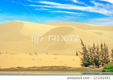 Majestic sand dunes of Mui Ne under a vibrant blue sky, showcasing Vietnam's stunning desert landscape Majestic sand dunes of Mui Ne under a vibrant blue sky, showcasing Vietnam's stunning desert landscape 121262481