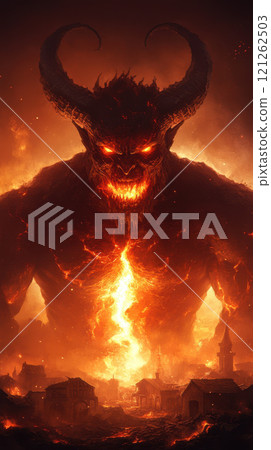 Molten rock demon towering over fiery landscape, menacing glow Molten rock demon towering over fiery landscape, menacing glow 121262503
