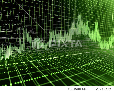 Digital stock market chart with green grid lines and fluctuating financial data 121262526