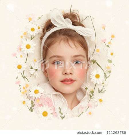 Smiling girl surrounded by pastel colored floral patterns 121262786