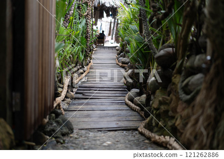 A wooden path made of lush foliage of plants and coconuts and palm trees to the sea. A wooden path made of lush foliage of plants and coconuts and palm trees to the sea. 121262886