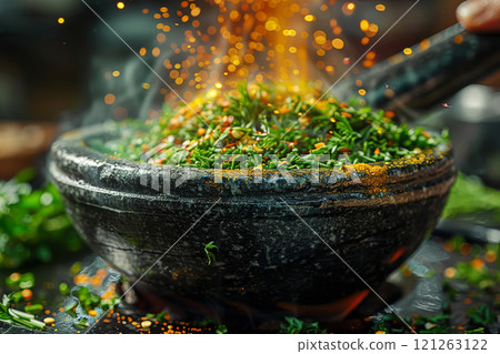 A vibrant mix of fresh herbs is being expertly ground into a fine powder using a mortar and pestle. Aromatic steam rises, intensifying the sensory experience A vibrant mix of fresh herbs is being expertly ground into a fine powder using a mortar and pestle. Aromatic steam rises, intensifying the sensory experience 121263122