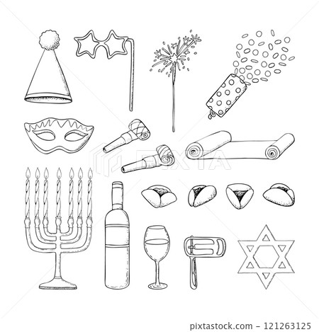 Large Purim symbols elements set in black and white. Vector Jewish holiday bundle in line ink style for coloring and festive packaging with for mask, raashan, menorah, cookies and Torah scroll 121263125