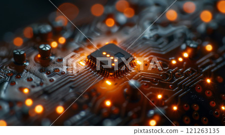 Close-up view of a cutting-edge microchip implant showing intricate circuits illuminated by orange lights 121263135